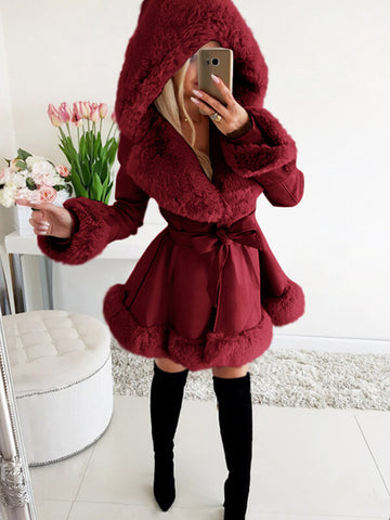 Airchics mi-longue manteau en fausse fourrure simili cuir avec poches ceinture à capuche femme mode hiver